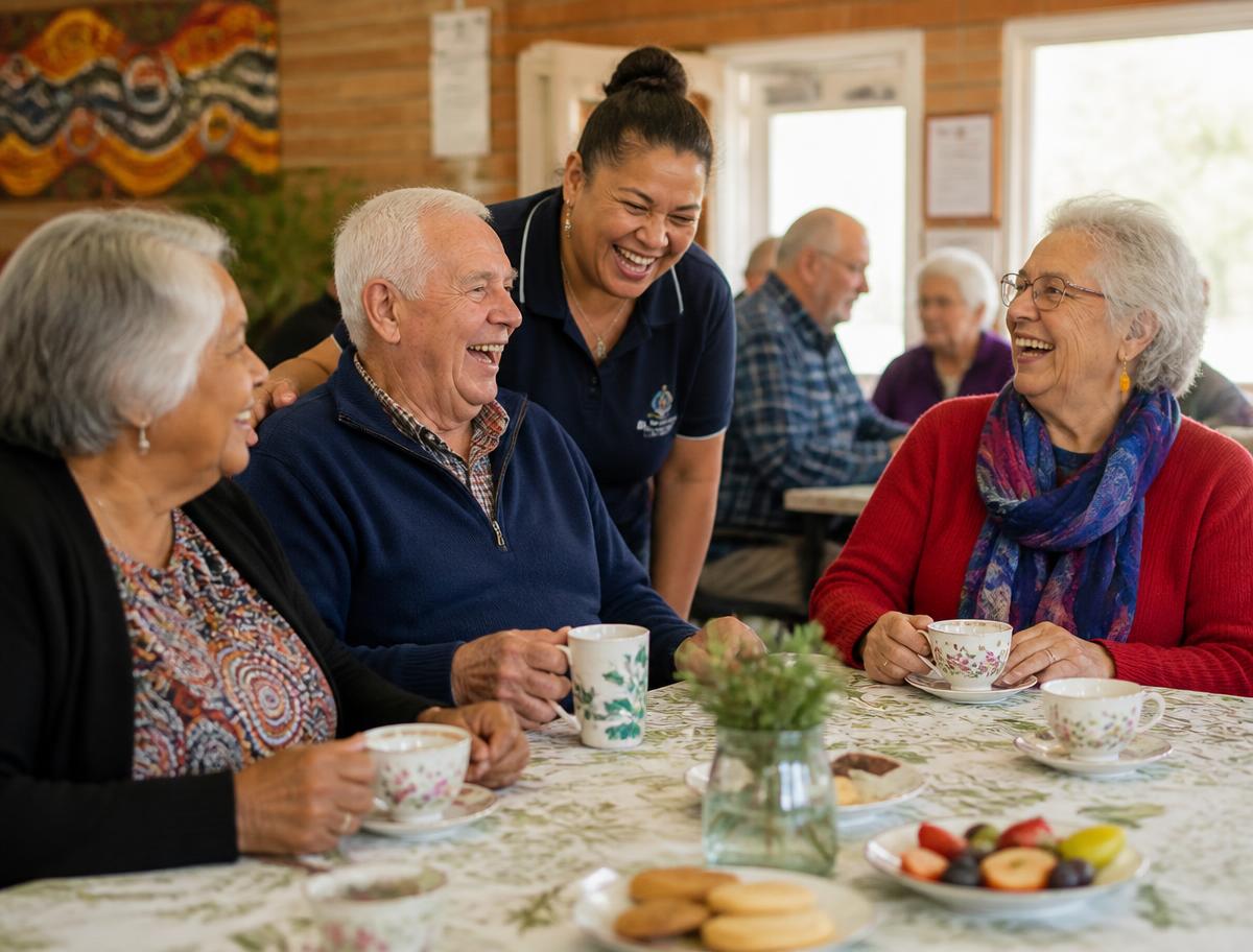 Older people and a support worker sharing morning tea and laughing together