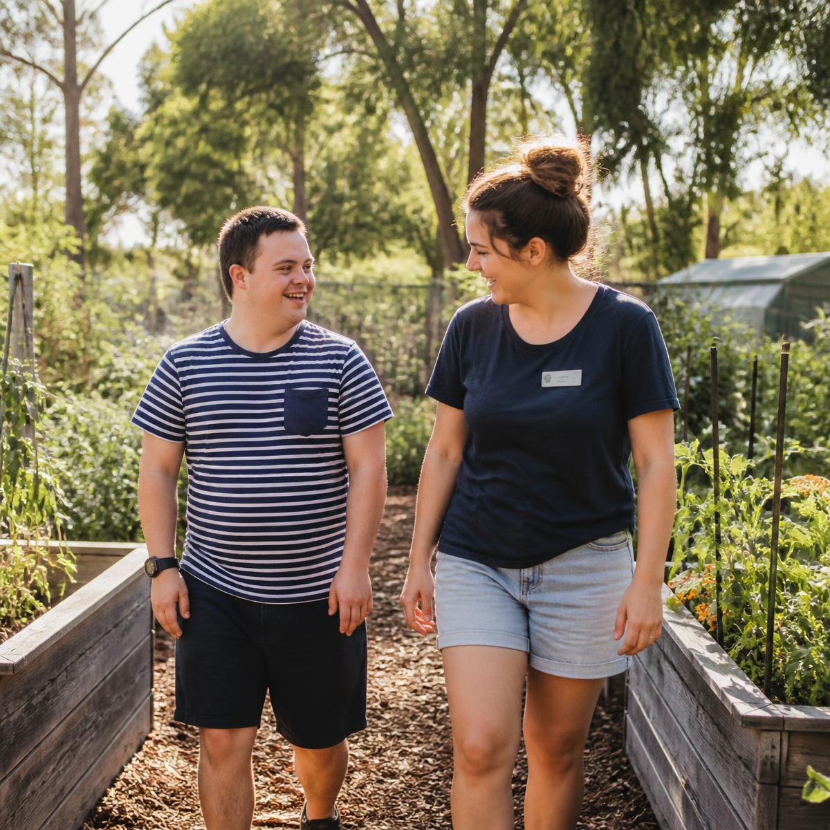 A young man and his support worker walking and chatting in a community garden